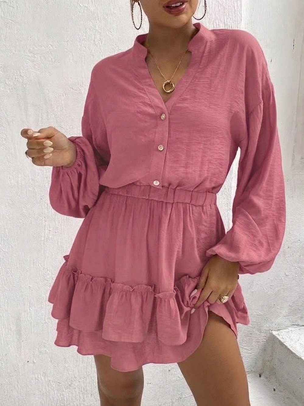 Toppies Dusty Rose Pink Long Sleeve Tiered Ruffle Mini Dress Size Small